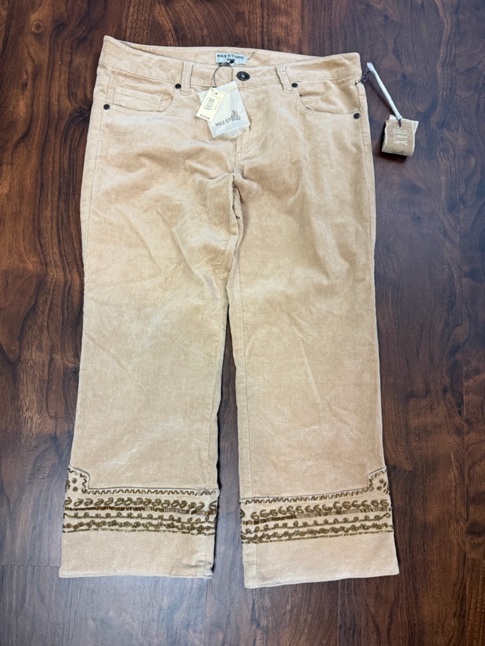 Max Studio Cropped Camel Color Corduroy Pants with Embroidered Cuff